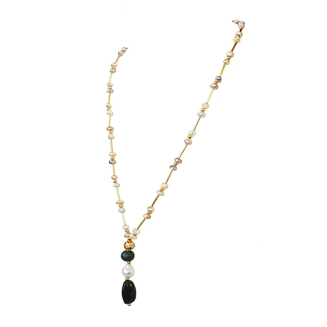 Step Right Up to the Sparkle Spectacular: The Freshwater Pearl, Green Stone & Gold Necklace Fiesta! (SN1068)