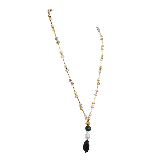 Real Freshwater Pearl,  Green Coloured Stone & Gold plated ball & Beads Necklace for Women (SN1068)