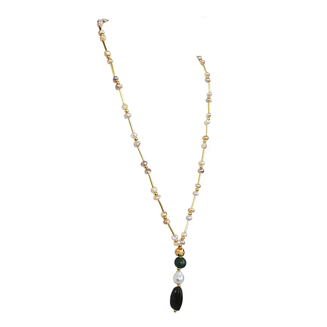 Step Right Up to the Sparkle Spectacular: The Freshwater Pearl, Green Stone & Gold Necklace Fiesta! (SN1068)