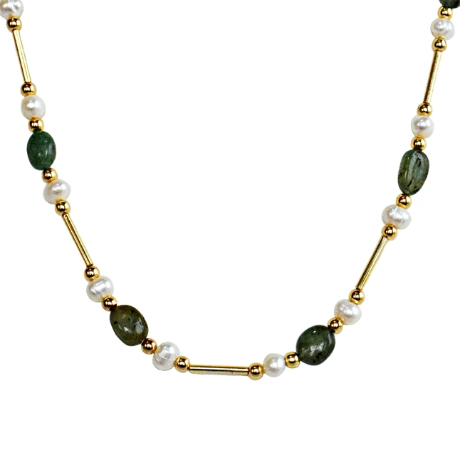 Real Freshwater Pearl, Oval Emerald & Gold Plated Pipe & Beads Single Line Necklace for Women (SN1070N)