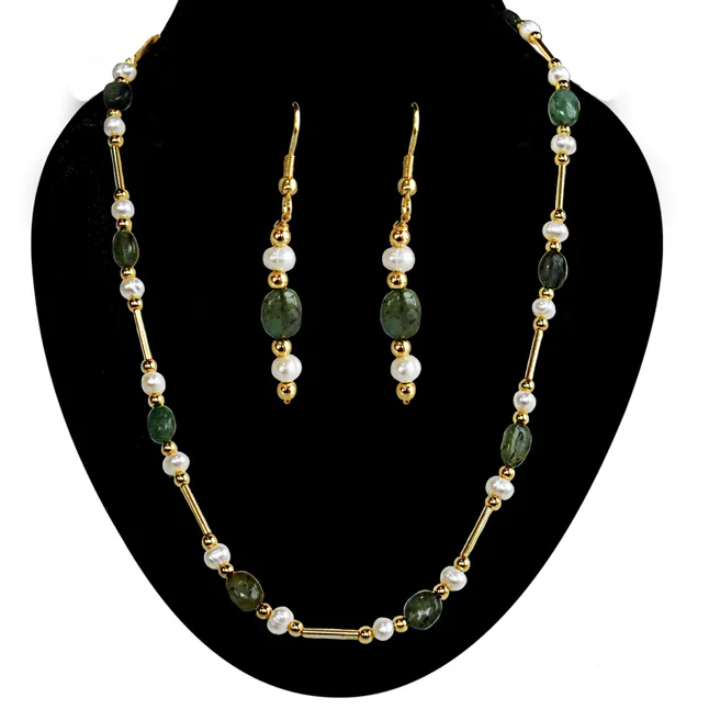 Real Freshwater Pearl, Oval Emerald & Gold Plated Pipe & Beads Single Line Necklace & Earrings Set for Women (SN1070)