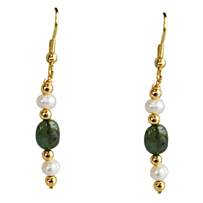 Real Freshwater Pearl, Oval Emerald & Gold Plated Beads Earrings for Women (SN1070ER)