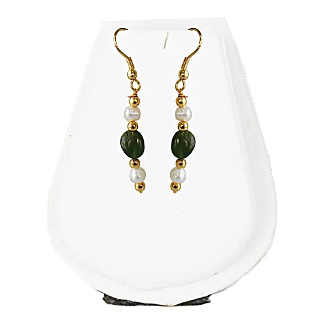 Real Freshwater Pearl, Oval Emerald & Gold Plated Beads Earrings for Women (SN1070ER)