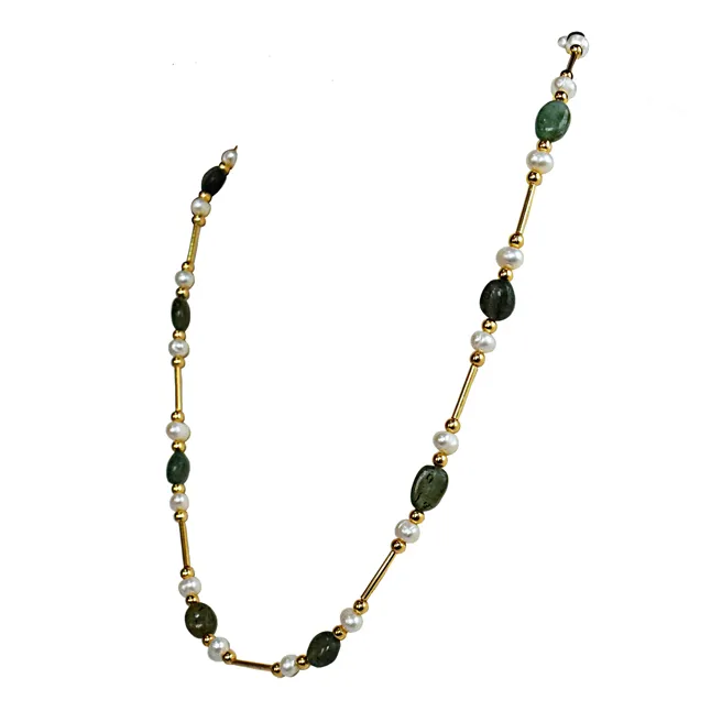 Real Freshwater Pearl, Oval Emerald & Gold Plated Pipe & Beads Single Line Necklace for Women (SN1070N)