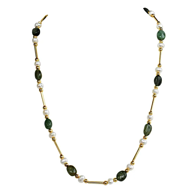 Real Freshwater Pearl, Oval Emerald & Gold Plated Pipe & Beads Single Line Necklace & Earrings Set for Women (SN1070)