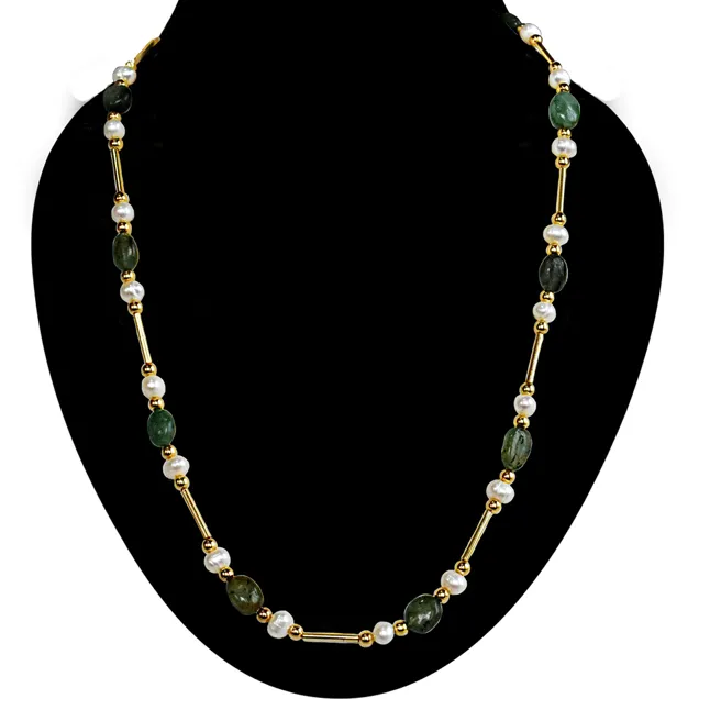 Real Freshwater Pearl, Oval Emerald & Gold Plated Pipe & Beads Single Line Necklace & Earrings Set for Women (SN1070)