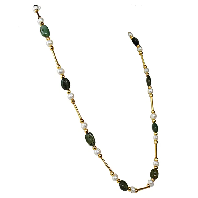 Real Freshwater Pearl, Oval Emerald & Gold Plated Pipe & Beads Single Line Necklace & Earrings Set for Women (SN1070)