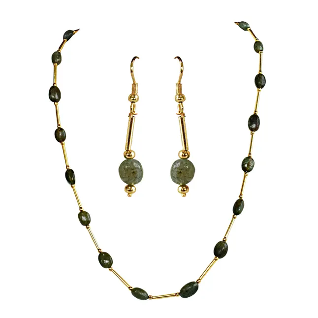 Real Green Oval Emerald & Gold Plated Pipe & Beads Single Line Necklace & Earrings Set for Women (SN1071)