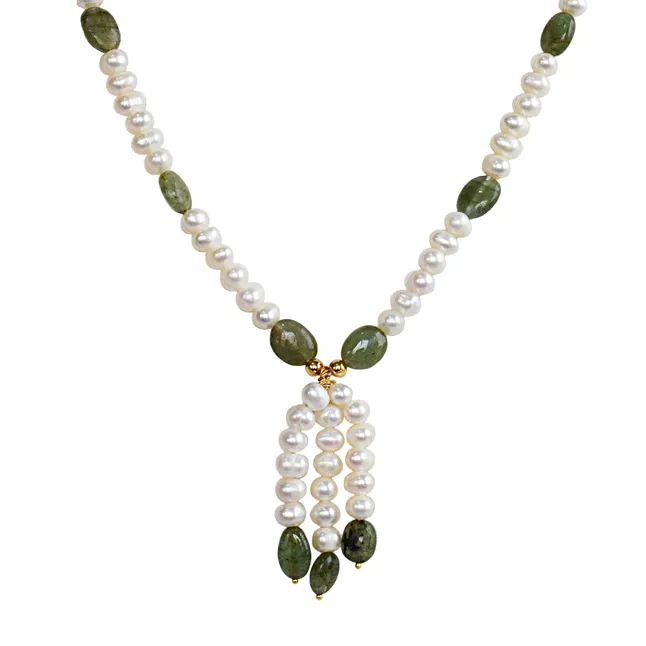 Real Freshwater Pearl & Green Oval Emerald  Single Line Necklace with Hanging Drop for Women (SN1072N)
