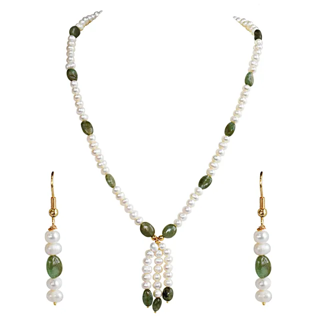 Real Freshwater Pearl & Green Oval Emerald Single Line Necklace & Earrings Set for Women (SN1072)