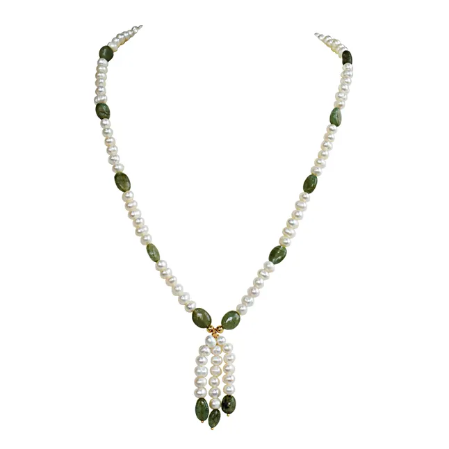 Real Freshwater Pearl & Green Oval Emerald Single Line Necklace & Earrings Set for Women (SN1072)