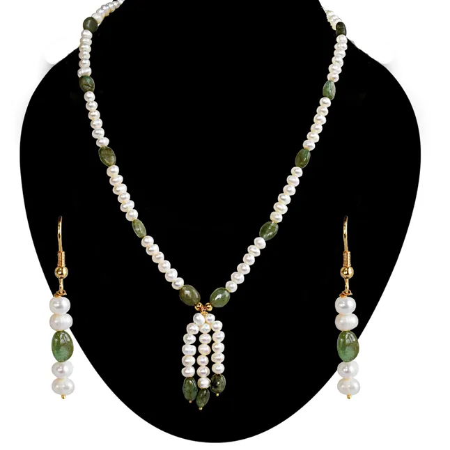 Real Freshwater Pearl & Green Oval Emerald Single Line Necklace & Earrings Set for Women (SN1072)