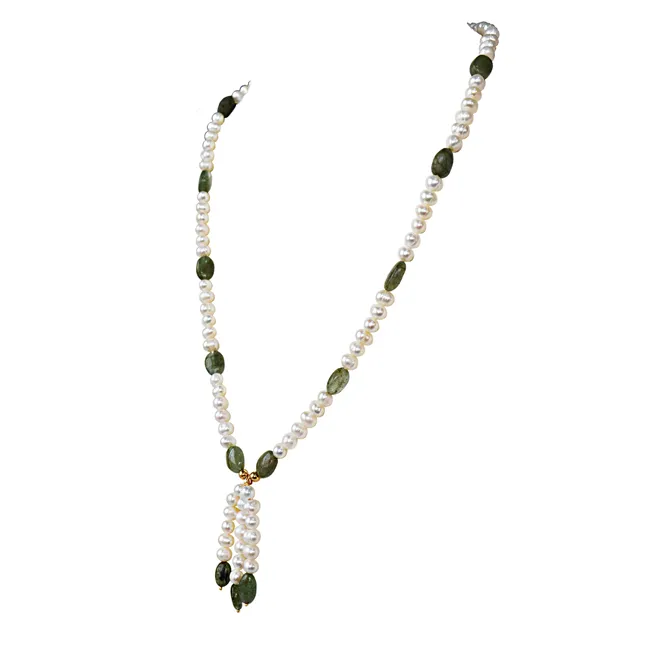 Real Freshwater Pearl & Green Oval Emerald Single Line Necklace & Earrings Set for Women (SN1072)