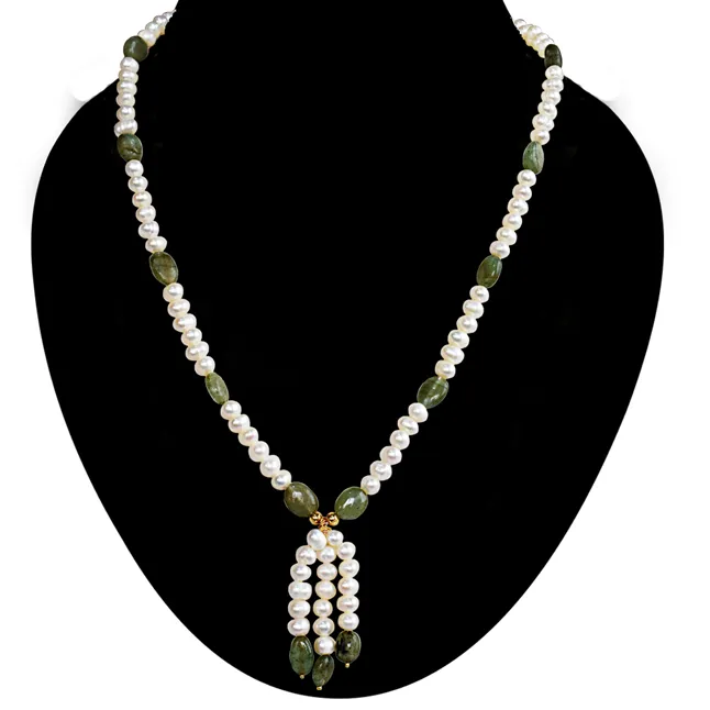 Real Freshwater Pearl & Green Oval Emerald  Single Line Necklace with Hanging Drop for Women (SN1072N)