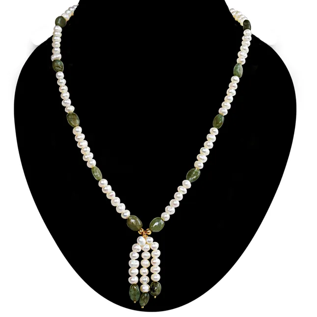 Real Freshwater Pearl & Green Oval Emerald Single Line Necklace & Earrings Set for Women (SN1072)