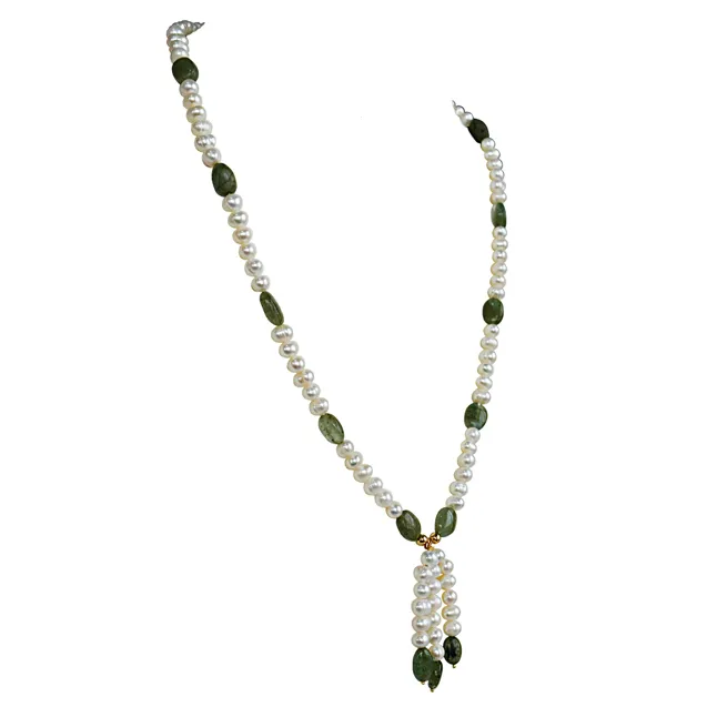 Real Freshwater Pearl & Green Oval Emerald Single Line Necklace & Earrings Set for Women (SN1072)