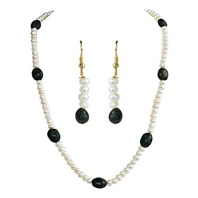 Real Freshwater Pearl & Green Oval Emerald  Single Line Necklace & Earrings Set for Women (SN1073)