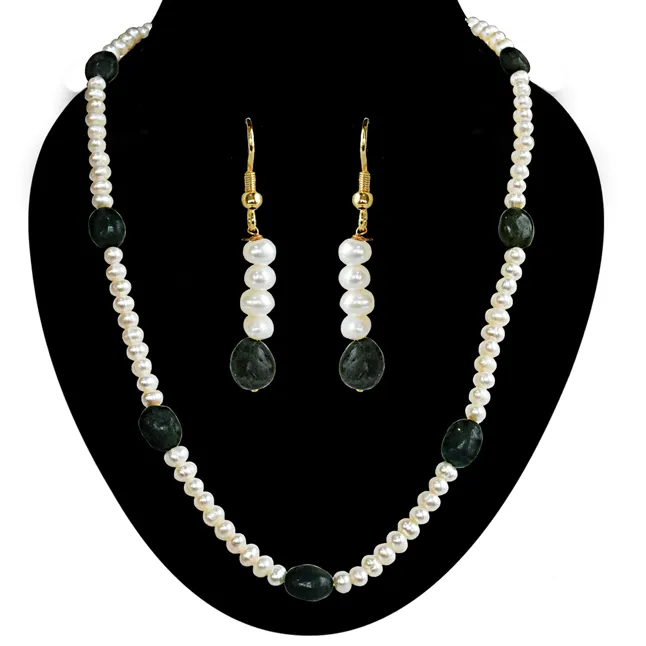 Real Freshwater Pearl & Green Oval Emerald  Single Line Necklace & Earrings Set for Women (SN1073)