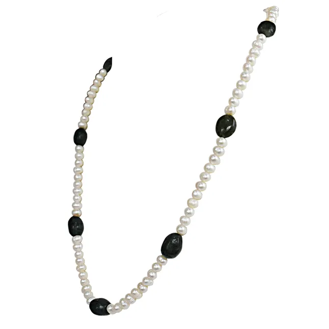 Real Freshwater Pearl & Green Oval Emerald  Single Line Necklace & Earrings Set for Women (SN1073)