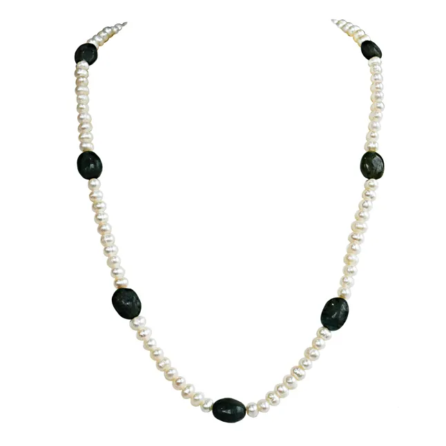 Real Freshwater Pearl & Green Oval Emerald  Single Line Necklace & Earrings Set for Women (SN1073)