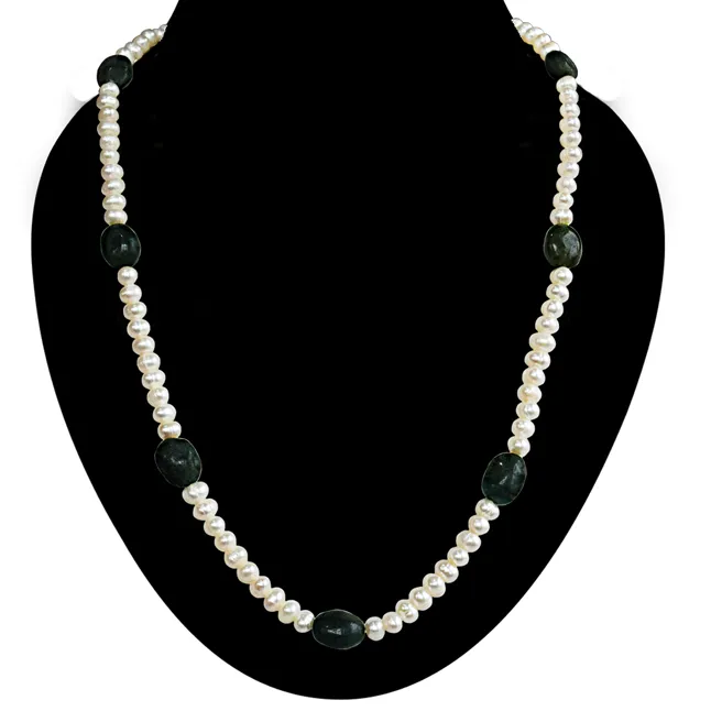 Real Freshwater Pearl & Green Oval Emerald Single Line Necklace for Women (SN1073N)