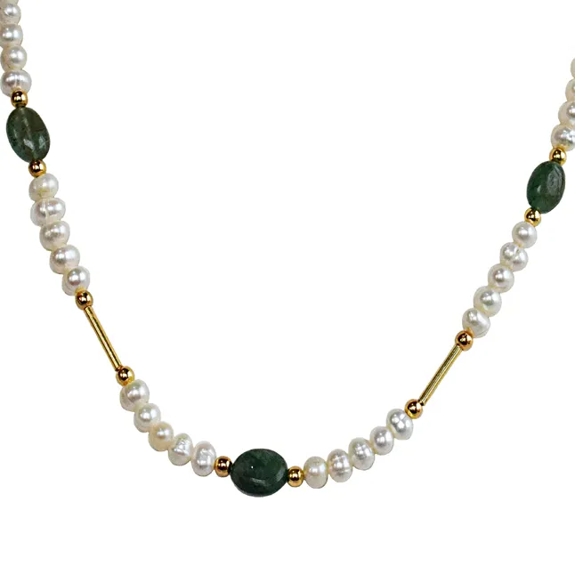 Real Freshwater Pearl, Oval Emerald & Gold Plated Pipe & Beads Single Line Necklace for Women (SN1074N)