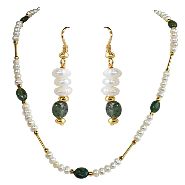 Real Freshwater Pearl, Oval Emerald & Goldplated Pipe & Beads Single Line Necklace & Earrings Set for Women (SN1074)