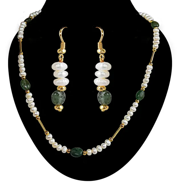 Real Freshwater Pearl, Oval Emerald & Goldplated Pipe & Beads Single Line Necklace & Earrings Set for Women (SN1074)