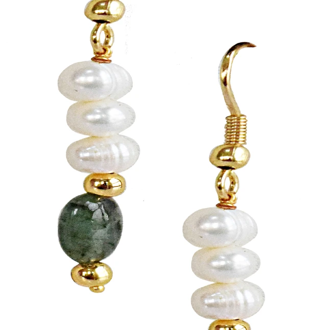 Real Freshwater Pearl, Oval Emerald & Gold Plated Beads Earrings for Women (SN1074ER)