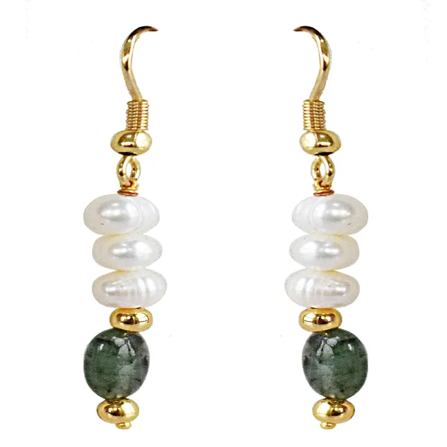 Real Freshwater Pearl, Oval Emerald & Gold Plated Beads Earrings for Women (SN1074ER)