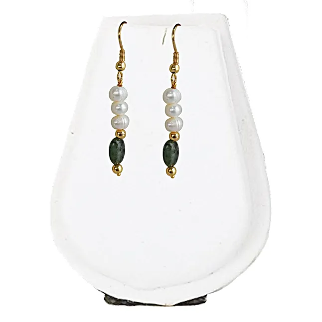 Real Freshwater Pearl, Oval Emerald & Gold Plated Beads Earrings for Women (SN1074ER)
