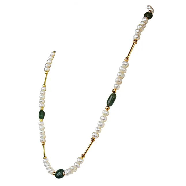 Real Freshwater Pearl, Oval Emerald & Goldplated Pipe & Beads Single Line Necklace & Earrings Set for Women (SN1074)