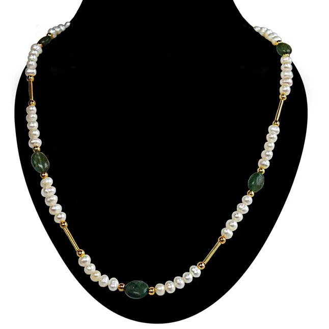 Real Freshwater Pearl, Oval Emerald & Goldplated Pipe & Beads Single Line Necklace & Earrings Set for Women (SN1074)