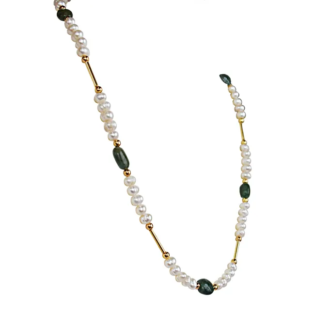 Real Freshwater Pearl, Oval Emerald & Goldplated Pipe & Beads Single Line Necklace & Earrings Set for Women (SN1074)