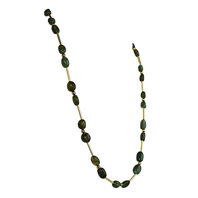 Real Green Oval Emerald & Gold Plated Pipe & Beads Single Line Necklace & Earrings Set for Women (SN1075)