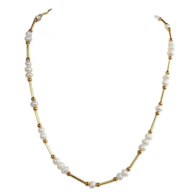 Single Line Real Pearl & Gold Plated Pipe & Beads Necklace for Women (SN1076)