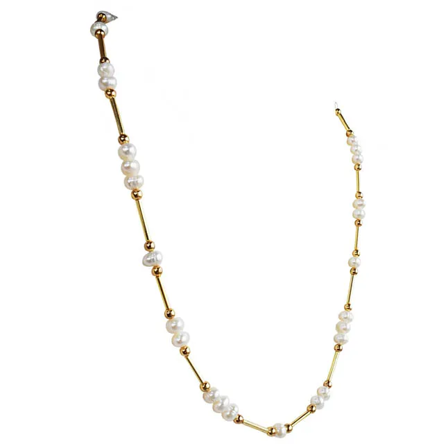 Single Line Real Pearl & Gold Plated Pipe & Beads Necklace for Women (SN1076)