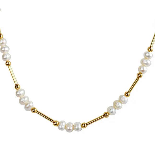 Real Pearl & Gold Plated Pipe & Beads Single Line Necklace for Women (SN1077)
