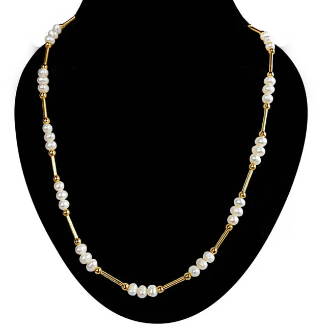 Real Pearl & Gold Plated Pipe & Beads Single Line Necklace for Women (SN1077)