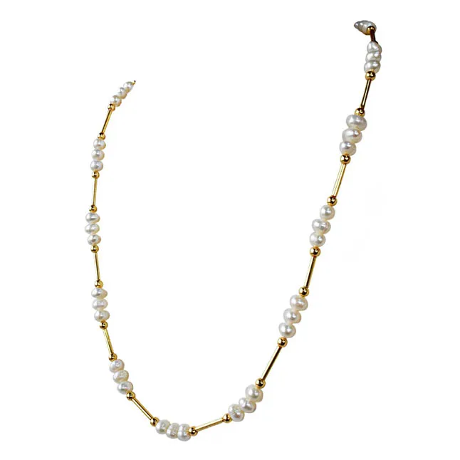 Real Pearl & Gold Plated Pipe & Beads Single Line Necklace for Women (SN1077)