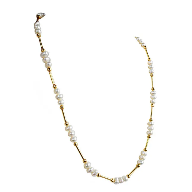Real Pearl & Gold Plated Pipe & Beads Single Line Necklace for Women (SN1077)
