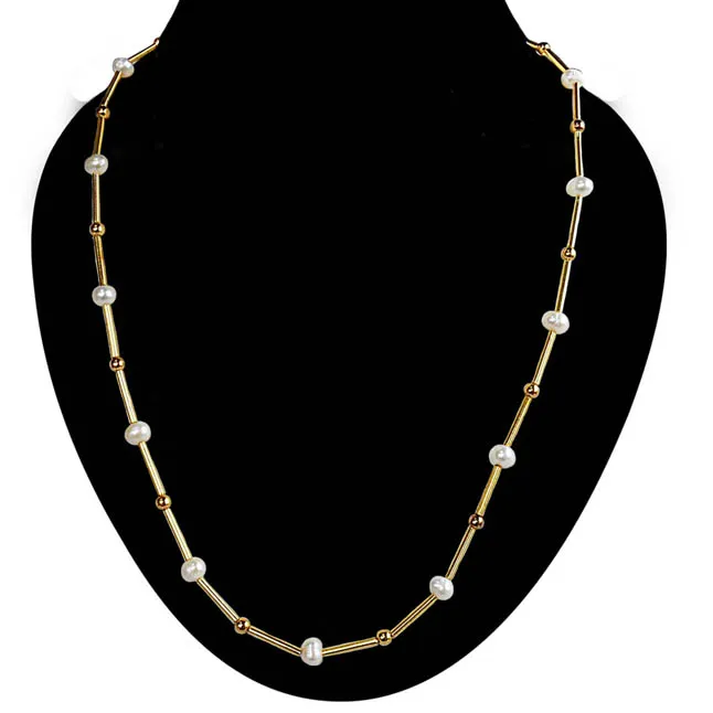 Single Line Real Pearl & Gold Plated Pipe & Beads Necklace for Women (SN1078)
