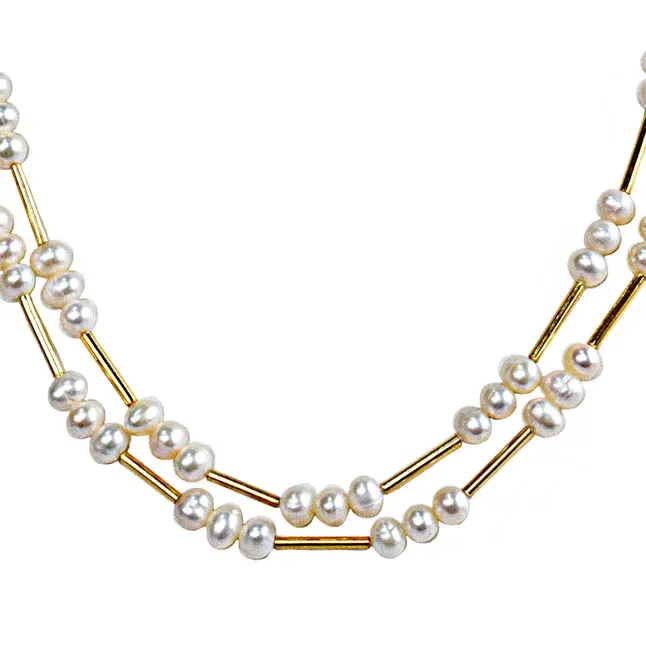 2 Line Real Pearl & Gold Plated Pipe & Beads Necklace for Women (SN1079)