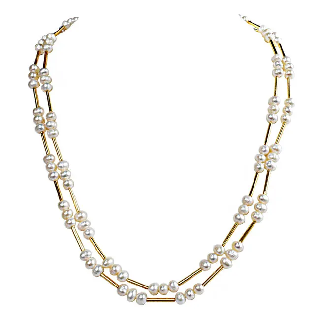 2 Line Real Pearl & Gold Plated Pipe & Beads Necklace for Women (SN1079)