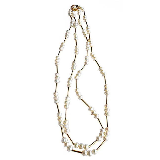 2 Line Real Pearl & Gold Plated Pipe & Beads Necklace for Women (SN1079)