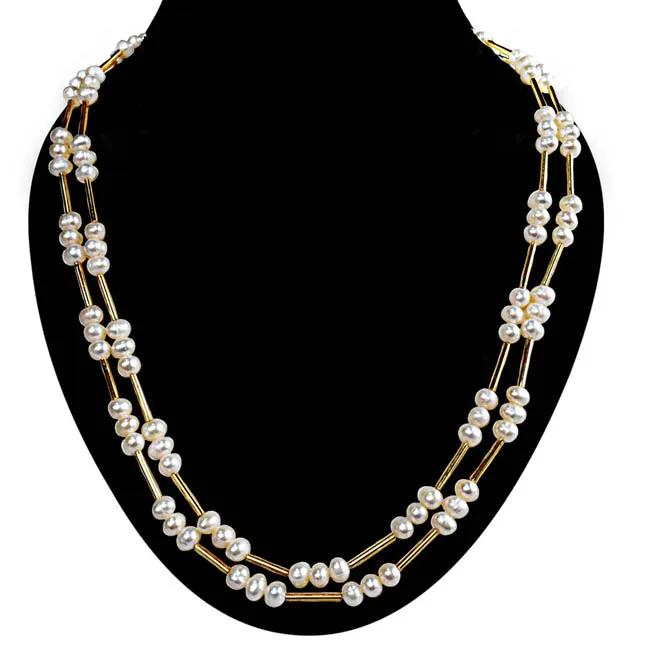 2 Line Real Pearl & Gold Plated Pipe & Beads Necklace for Women (SN1079)