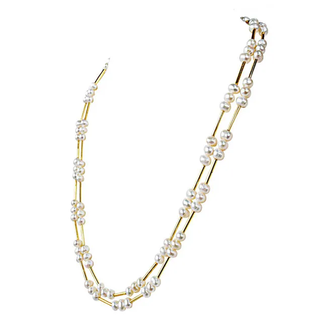 2 Line Real Pearl & Gold Plated Pipe & Beads Necklace for Women (SN1079)
