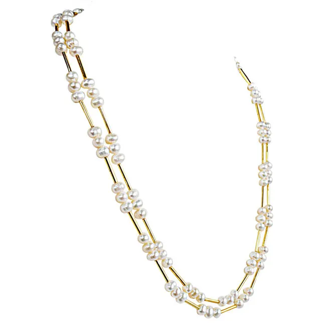 2 Line Real Pearl & Gold Plated Pipe & Beads Necklace for Women (SN1079)