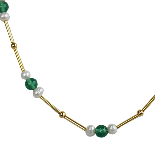 Real Pearl, Green Onyx & Gold Plated Pipe & Beads Single Line Necklace for Women (SN1080)
