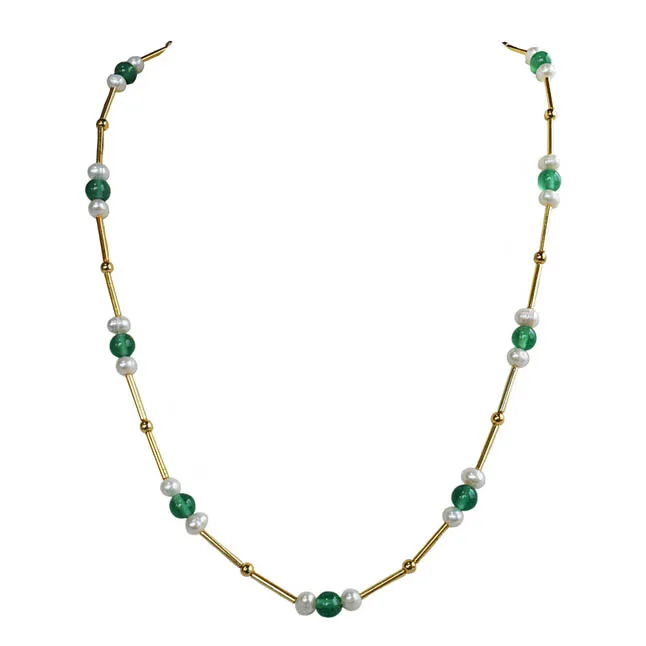 Real Pearl, Green Onyx & Gold Plated Pipe & Beads Single Line Necklace for Women (SN1080)